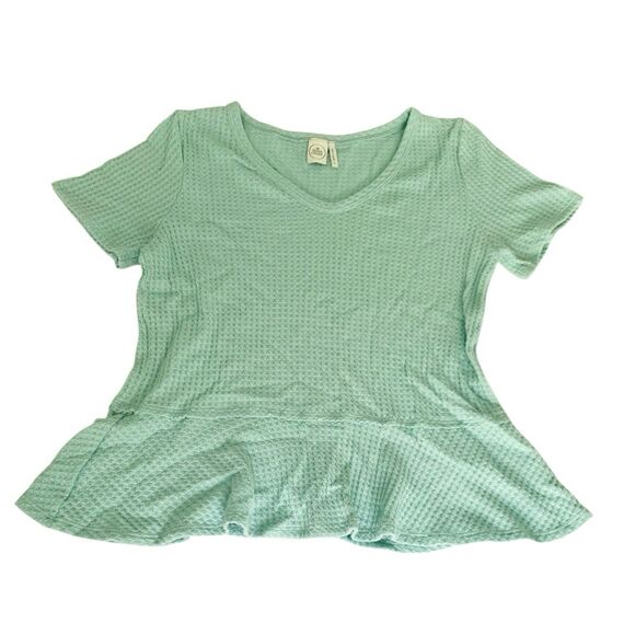 Paper Crane Top M Light Blue Waffle Knit Short Sleeve Ruffle Hem Peplum Coquette - Picture 1 of 6